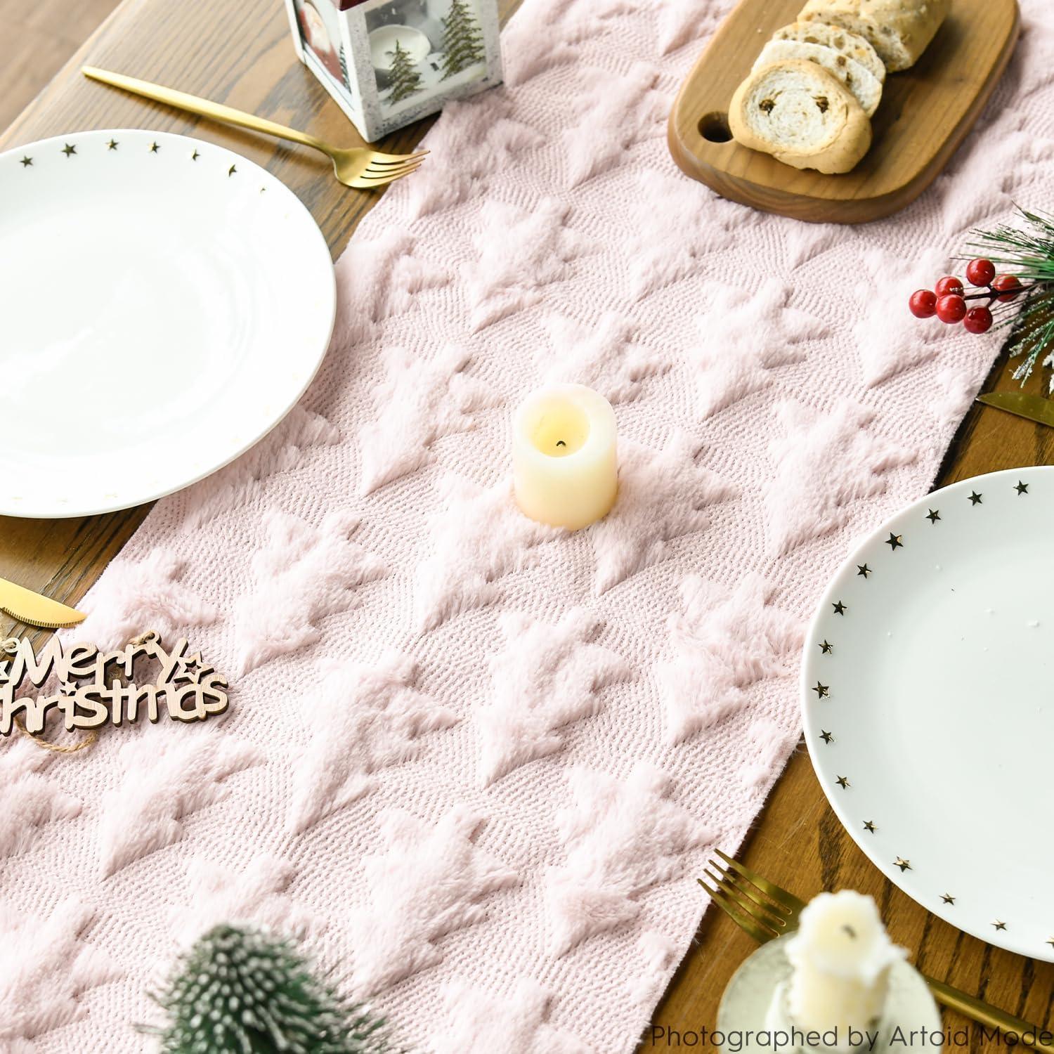 image:imageArtoid Mode Christmas Trees Red Soft Plush Faux Fur Jacquard Christmas Table Runner Holiday Kitchen Dining Table Decoration for Home Party Decor 13x72 InchPink