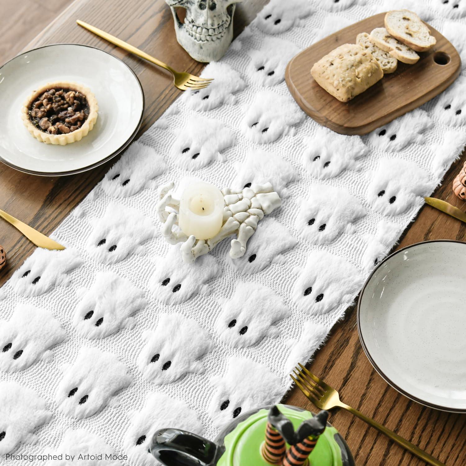 image:imageArtoid Mode Pink Ghost Soft Plush Faux Fur Jacquard Halloween Table Runner Holiday Kitchen Dining Table Decoration for Home Party Decor 13x72 InchWhite