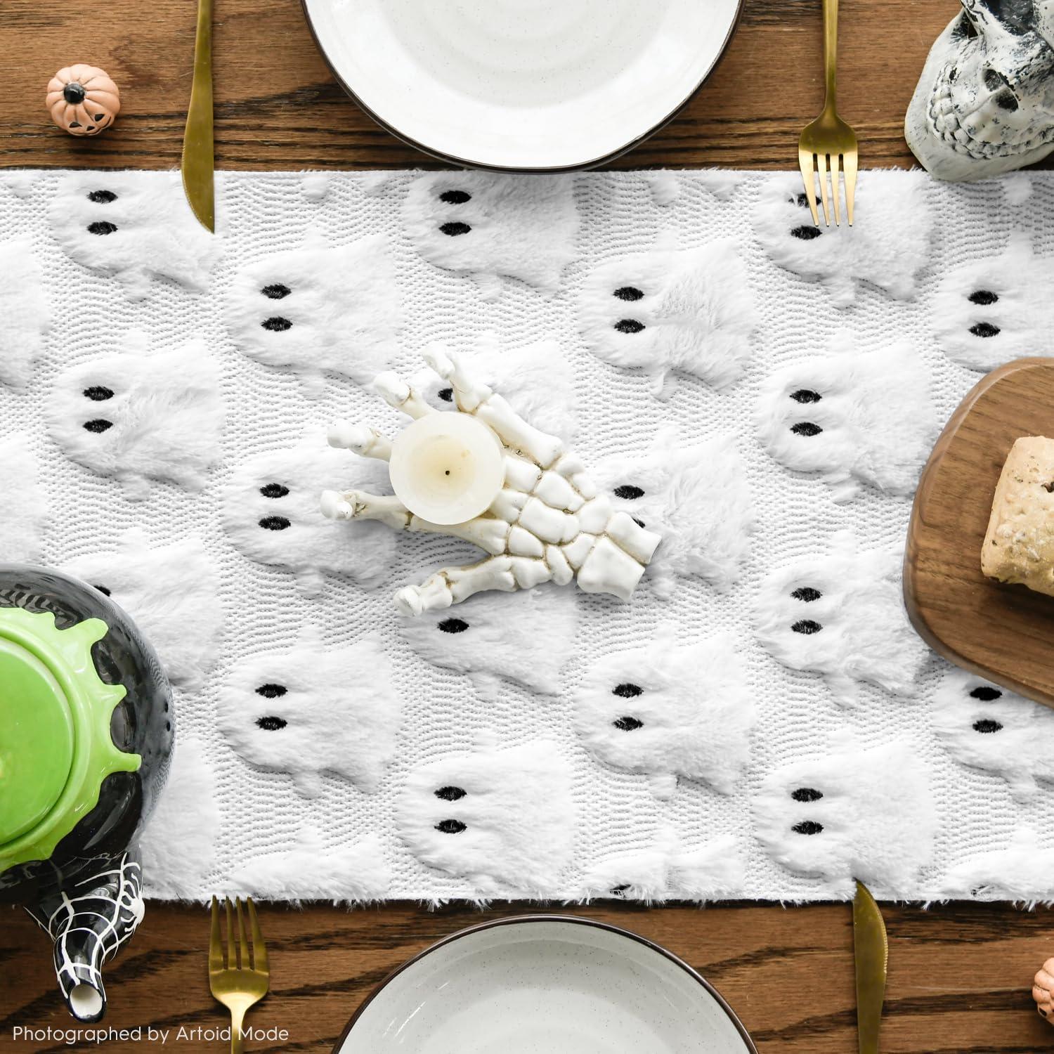 image:imageArtoid Mode Pink Ghost Soft Plush Faux Fur Jacquard Halloween Table Runner Holiday Kitchen Dining Table Decoration for Home Party Decor 13x72 InchWhite