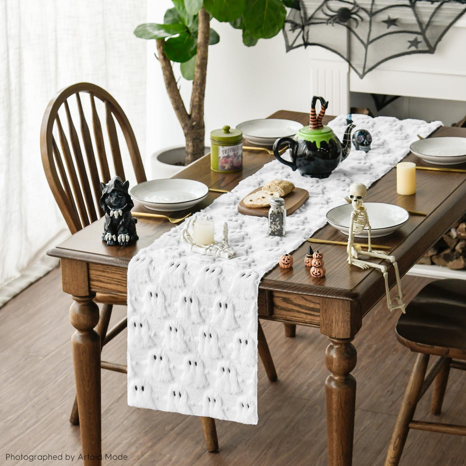 image:imageArtoid Mode Pink Ghost Soft Plush Faux Fur Jacquard Halloween Table Runner Holiday Kitchen Dining Table Decoration for Home Party Decor 13x72 InchWhite
