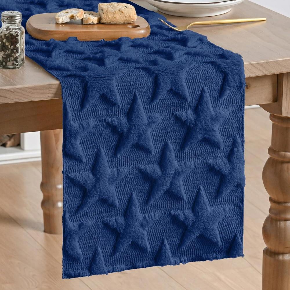 image:imageArtoid Mode Beige Soft Plush Faux Fur Jacquard Big Stars Memorial Day Table Runner 4th of July Holiday Kitchen Dining Table Decoration for Home Party Decor 13x72 InchBlue
