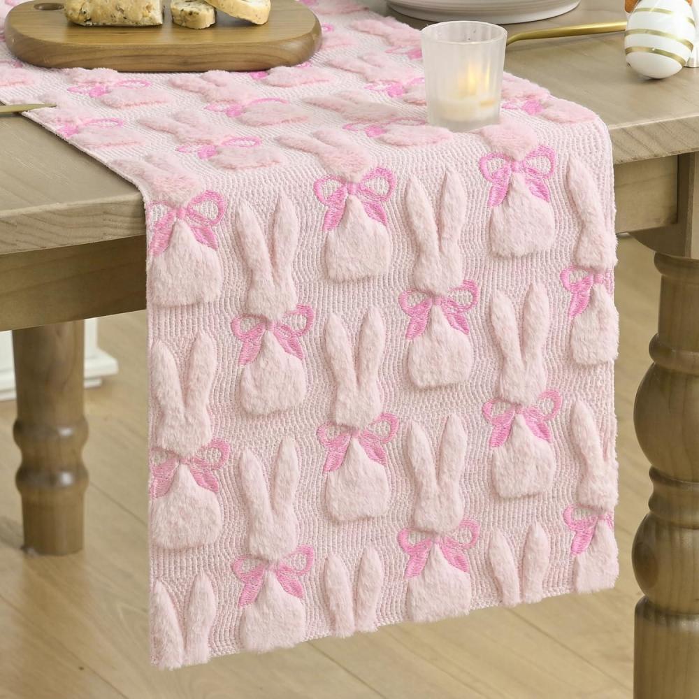 image:imageArtoid Mode Beige Soft Plush Faux Fur Jacquard Bunny Bow Easter Table Runner Spring Holiday Kitchen Dining Table Decoration for Home Party Decor 13x72 InchPink