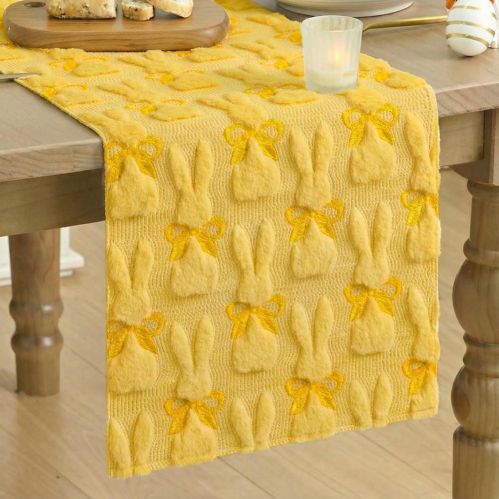 image:imageArtoid Mode Beige Soft Plush Faux Fur Jacquard Bunny Bow Easter Table Runner Spring Holiday Kitchen Dining Table Decoration for Home Party Decor 13x72 InchYellow