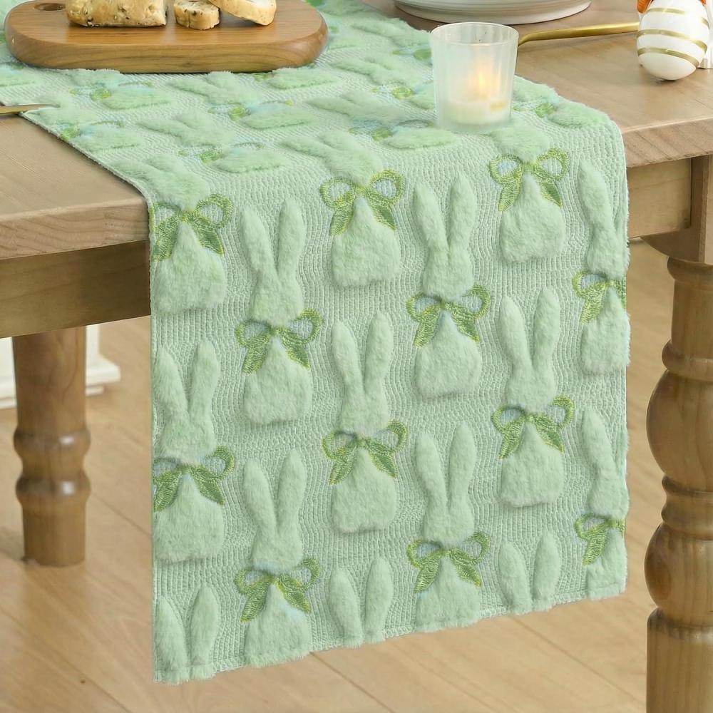 image:imageArtoid Mode Beige Soft Plush Faux Fur Jacquard Bunny Bow Easter Table Runner Spring Holiday Kitchen Dining Table Decoration for Home Party Decor 13x72 InchSage Green