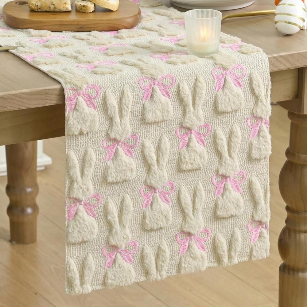 image:imageArtoid Mode Beige Soft Plush Faux Fur Jacquard Bunny Bow Easter Table Runner Spring Holiday Kitchen Dining Table Decoration for Home Party Decor 13x72 InchBeige