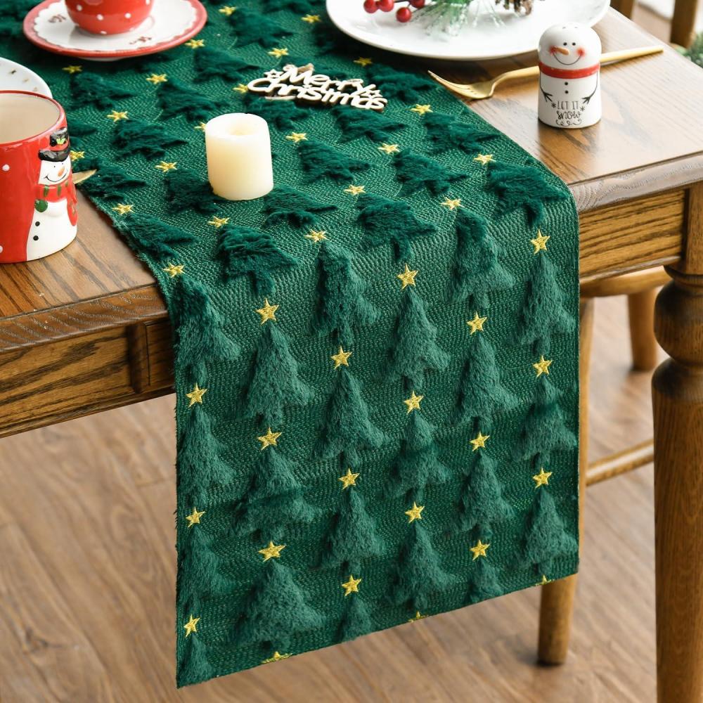 image:imageArtoid Mode Christmas Trees Red Soft Plush Faux Fur Jacquard Christmas Table Runner Holiday Kitchen Dining Table Decoration for Home Party Decor 13x72 InchGreen Gold