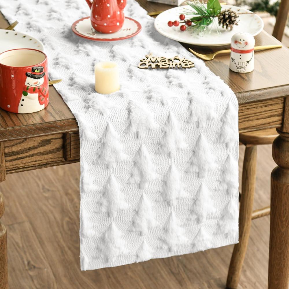 image:imageArtoid Mode Christmas Trees Red Soft Plush Faux Fur Jacquard Christmas Table Runner Holiday Kitchen Dining Table Decoration for Home Party Decor 13x72 InchWhite