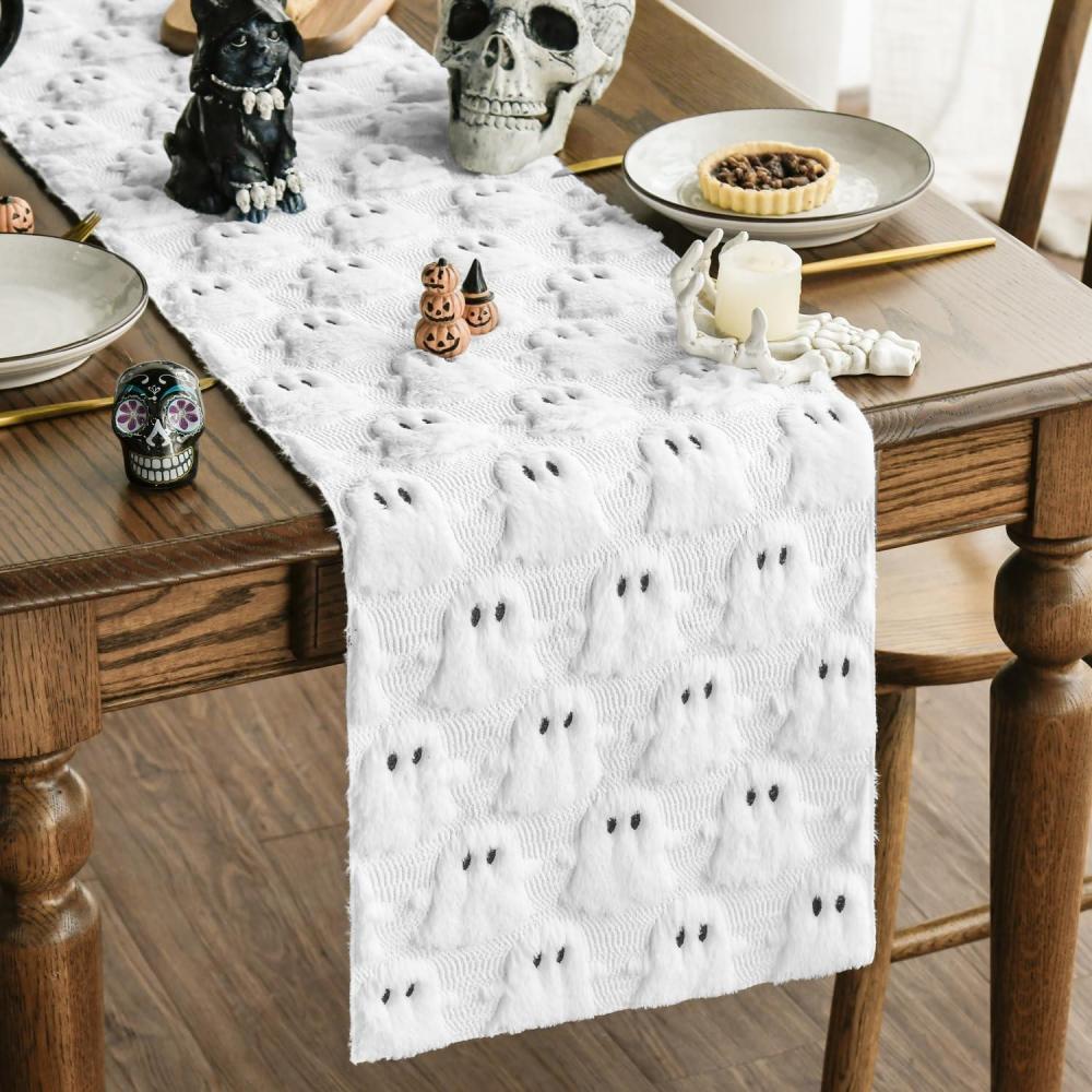 image:imageArtoid Mode Pink Ghost Soft Plush Faux Fur Jacquard Halloween Table Runner Holiday Kitchen Dining Table Decoration for Home Party Decor 13x72 InchWhite