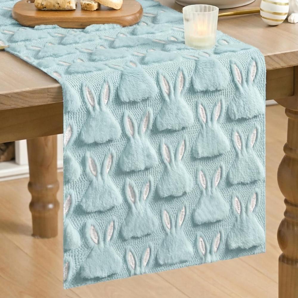 image:imageArtoid Mode Sage Green Soft Plush Faux Fur Jacquard Pink Ear Bunny Easter Table Runner Spring Holiday Kitchen Dining Table Decoration for Home Party Decor 13x72 InchBlue