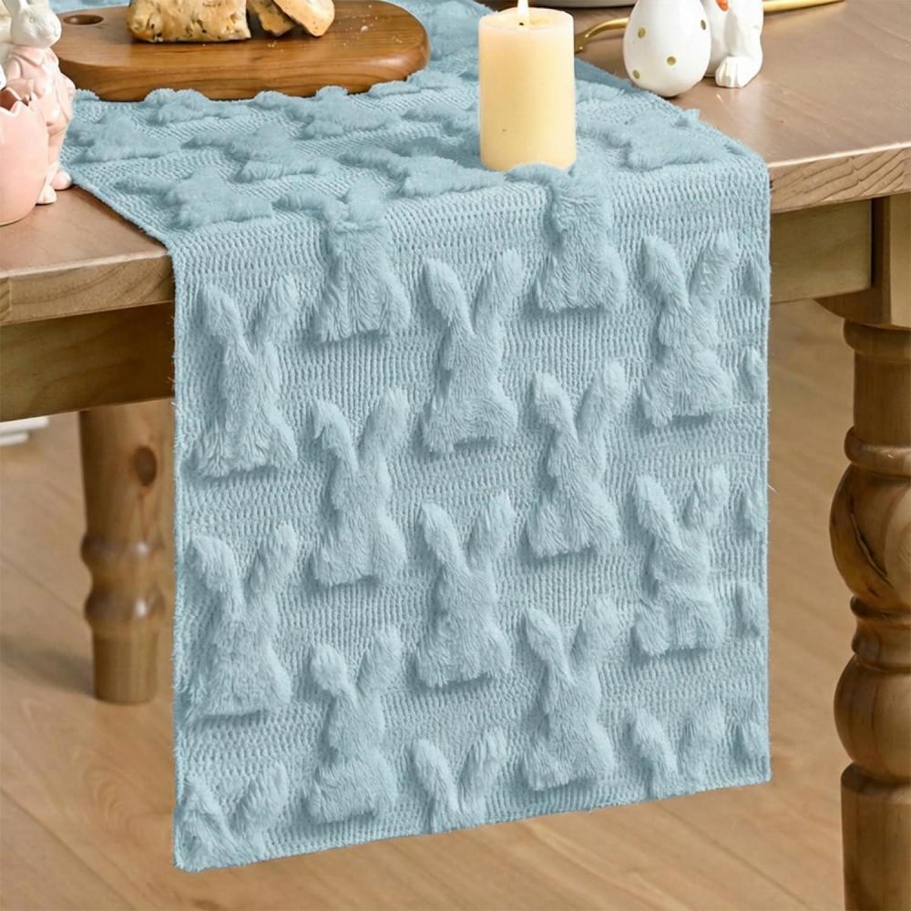 image:imageArtoid Mode White Soft Plush Faux Fur Jacquard Bunny Rabbit Easter Table Runner Seasonal Kitchen Dining Table Decoration for Home Party Decor 13x72 InchBlue