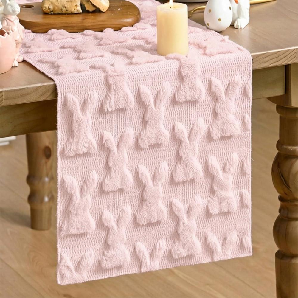 image:imageArtoid Mode White Soft Plush Faux Fur Jacquard Bunny Rabbit Easter Table Runner Seasonal Kitchen Dining Table Decoration for Home Party Decor 13x72 InchPink