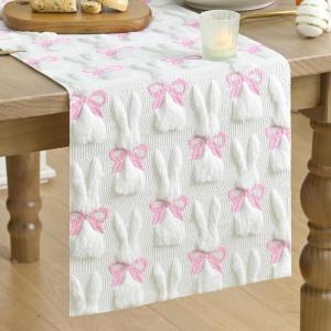 Artoid Mode Beige Soft Plush Faux Fur Jacquard Bunny Bow Easter Table Runner, Spring Holiday Kitchen Dining Table Decoration for Home Party Decor 13×72 Inch(White)