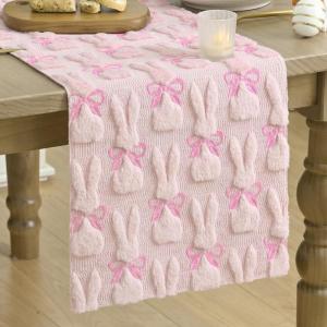 Artoid Mode Beige Soft Plush Faux Fur Jacquard Bunny Bow Easter Table Runner, Spring Holiday Kitchen Dining Table Decoration for Home Party Decor 13×72 Inch(Pink)