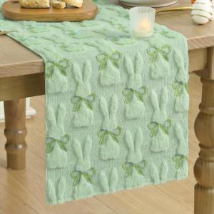 Artoid Mode Beige Soft Plush Faux Fur Jacquard Bunny Bow Easter Table Runner, Spring Holiday Kitchen Dining Table Decoration for Home Party Decor 13×72 Inch(Sage Green)