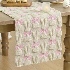 Artoid Mode Beige Soft Plush Faux Fur Jacquard Bunny Bow Easter Table Runner, Spring Holiday Kitchen Dining Table Decoration for Home Party Decor 13×72 Inch(Beige)