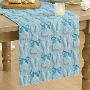 Artoid Mode Beige Soft Plush Faux Fur Jacquard Bunny Bow Easter Table Runner, Spring Holiday Kitchen Dining Table Decoration for Home Party Decor 13×72 Inch(Blue)