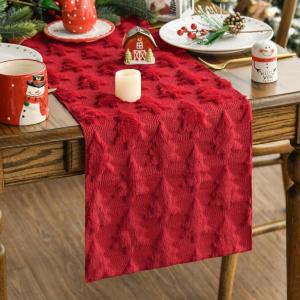Artoid Mode Christmas Trees Red Soft Plush Faux Fur Jacquard Christmas Table Runner, Holiday Kitchen Dining Table Decoration for Home Party Decor 13×72 Inch(Red)