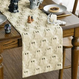 Artoid Mode Pink Ghost Soft Plush Faux Fur Jacquard Halloween Table Runner, Holiday Kitchen Dining Table Decoration for Home Party Decor 13×72 Inch(Beige)