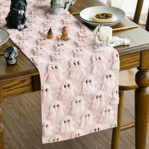 Artoid Mode Pink Ghost Soft Plush Faux Fur Jacquard Halloween Table Runner, Holiday Kitchen Dining Table Decoration for Home Party Decor 13×72 Inch(Pink)