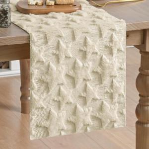 Artoid Mode Red Soft Plush Faux Fur Jacquard Patriotic Stars Memorial Day Table Runner, 4th of July Holiday Kitchen Dining Table Decoration for Home Party Decor 13×72 Inch(Beige)