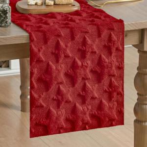 Artoid Mode Red Soft Plush Faux Fur Jacquard Patriotic Stars Memorial Day Table Runner, 4th of July Holiday Kitchen Dining Table Decoration for Home Party Decor 13×72 Inch(Red)