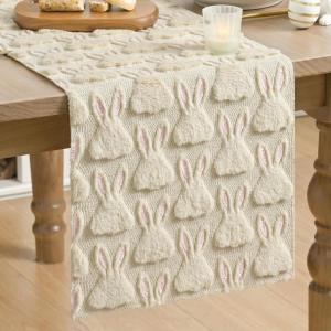 Artoid Mode Sage Green Soft Plush Faux Fur Jacquard Pink Ear Bunny Easter Table Runner, Spring Holiday Kitchen Dining Table Decoration for Home Party Decor 13×72 Inch(Beige)
