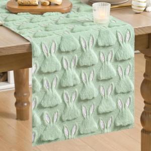 Artoid Mode Sage Green Soft Plush Faux Fur Jacquard Pink Ear Bunny Easter Table Runner, Spring Holiday Kitchen Dining Table Decoration for Home Party Decor 13×72 Inch(Sage Green)