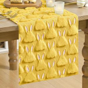 Artoid Mode Sage Green Soft Plush Faux Fur Jacquard Pink Ear Bunny Easter Table Runner, Spring Holiday Kitchen Dining Table Decoration for Home Party Decor 13×72 Inch(Yellow)