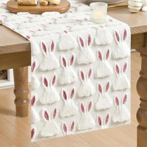 Artoid Mode Sage Green Soft Plush Faux Fur Jacquard Pink Ear Bunny Easter Table Runner, Spring Holiday Kitchen Dining Table Decoration for Home Party Decor 13×72 Inch(White)