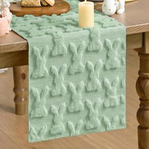 Artoid Mode White Soft Plush Faux Fur Jacquard Bunny Rabbit Easter Table Runner, Seasonal Kitchen Dining Table Decoration for Home Party Decor 13×72 Inch(Sage Green)