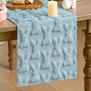 Artoid Mode White Soft Plush Faux Fur Jacquard Bunny Rabbit Easter Table Runner, Seasonal Kitchen Dining Table Decoration for Home Party Decor 13×72 Inch(Blue)