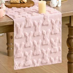 Artoid Mode White Soft Plush Faux Fur Jacquard Bunny Rabbit Easter Table Runner, Seasonal Kitchen Dining Table Decoration for Home Party Decor 13×72 Inch(Pink)