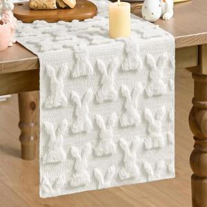 Artoid Mode White Soft Plush Faux Fur Jacquard Bunny Rabbit Easter Table Runner, Seasonal Kitchen Dining Table Decoration for Home Party Decor 13×72 Inch(White)