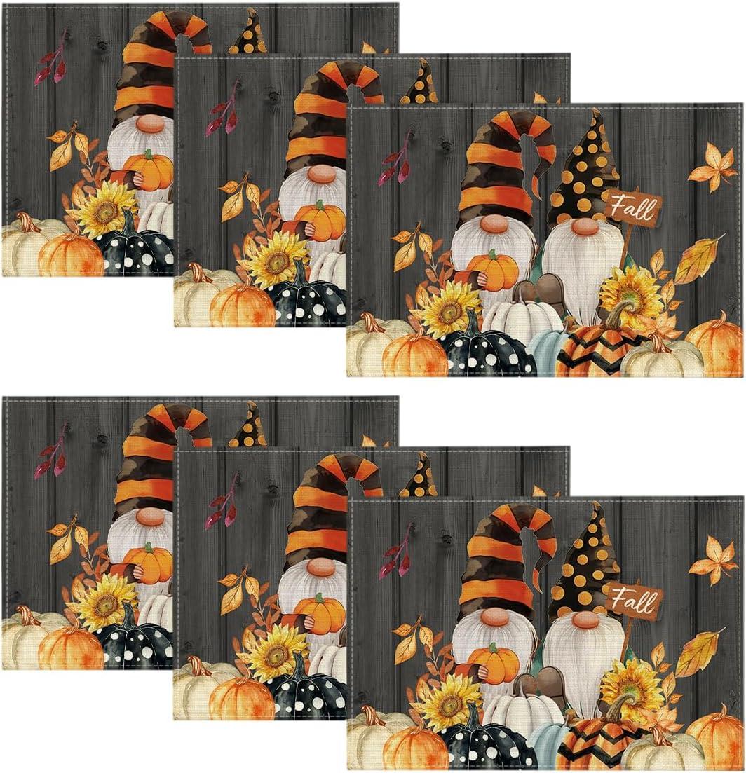image:imageArtoid Mode Gnomes Pumpkins Fall Placemats Set of 4 12x18 Inch Seasonal Autumn Thanksgiving Table Mats for Party Kitchen Dining DecorationBlack