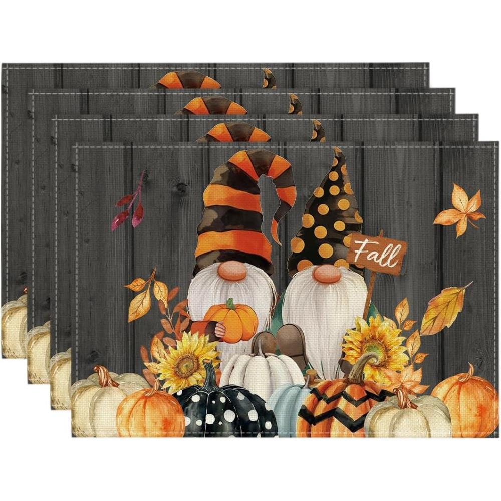 image:imageArtoid Mode Gnomes Pumpkins Fall Placemats Set of 4 12x18 Inch Seasonal Autumn Thanksgiving Table Mats for Party Kitchen Dining DecorationBlack
