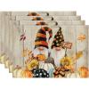 Artoid Mode Gnomes Pumpkins Fall Placemats Set of 4, 12×18 Inch Seasonal Autumn Thanksgiving Table Mats for Party Kitchen Dining Decoration(Wood)