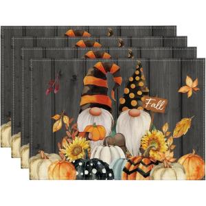 Artoid Mode Gnomes Pumpkins Fall Placemats Set of 4, 12×18 Inch Seasonal Autumn Thanksgiving Table Mats for Party Kitchen Dining Decoration(Black)