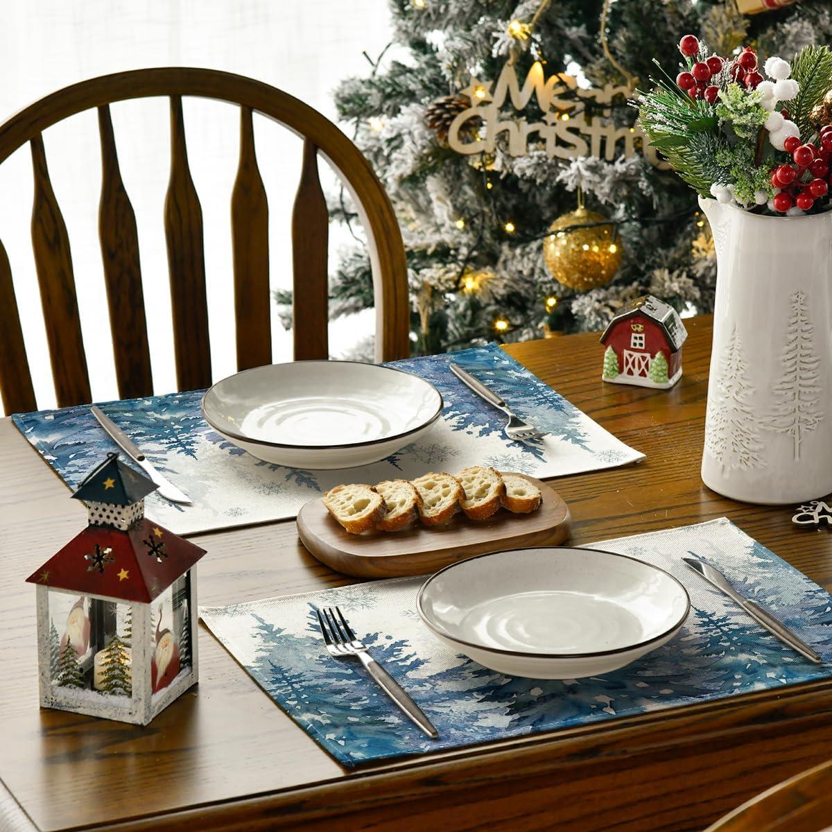 image:imageArtoid Mode Pine Trees Green Winter Placemats Set of 4 12x18 Inch Seasonal Holiday Christmas Place Mats for Party Dining TableBlue