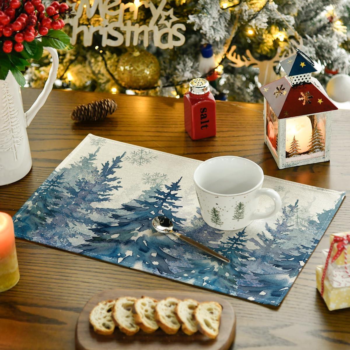 image:imageArtoid Mode Pine Trees Green Winter Placemats Set of 4 12x18 Inch Seasonal Holiday Christmas Place Mats for Party Dining TableBlue