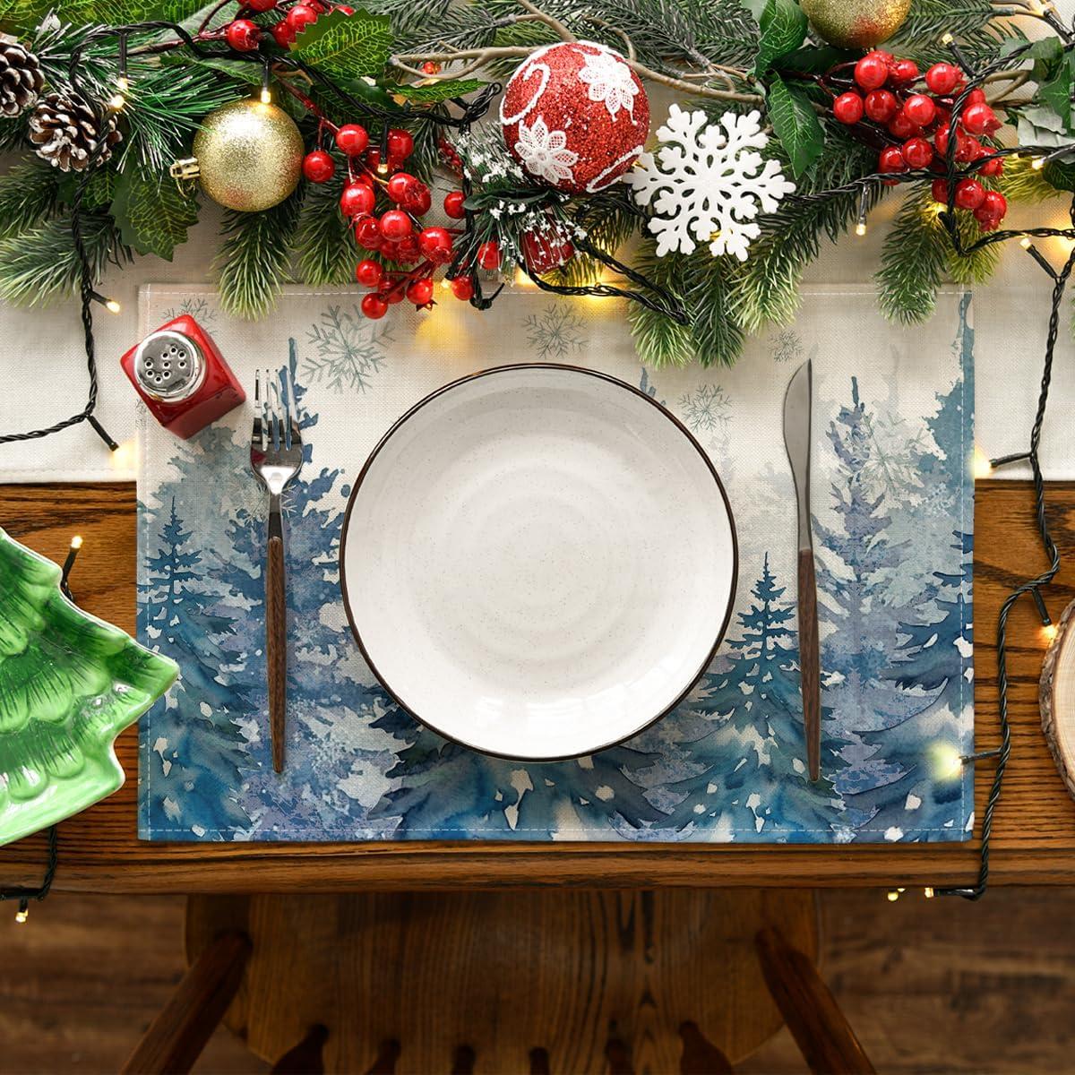 image:imageArtoid Mode Pine Trees Green Winter Placemats Set of 4 12x18 Inch Seasonal Holiday Christmas Place Mats for Party Dining TableBlue