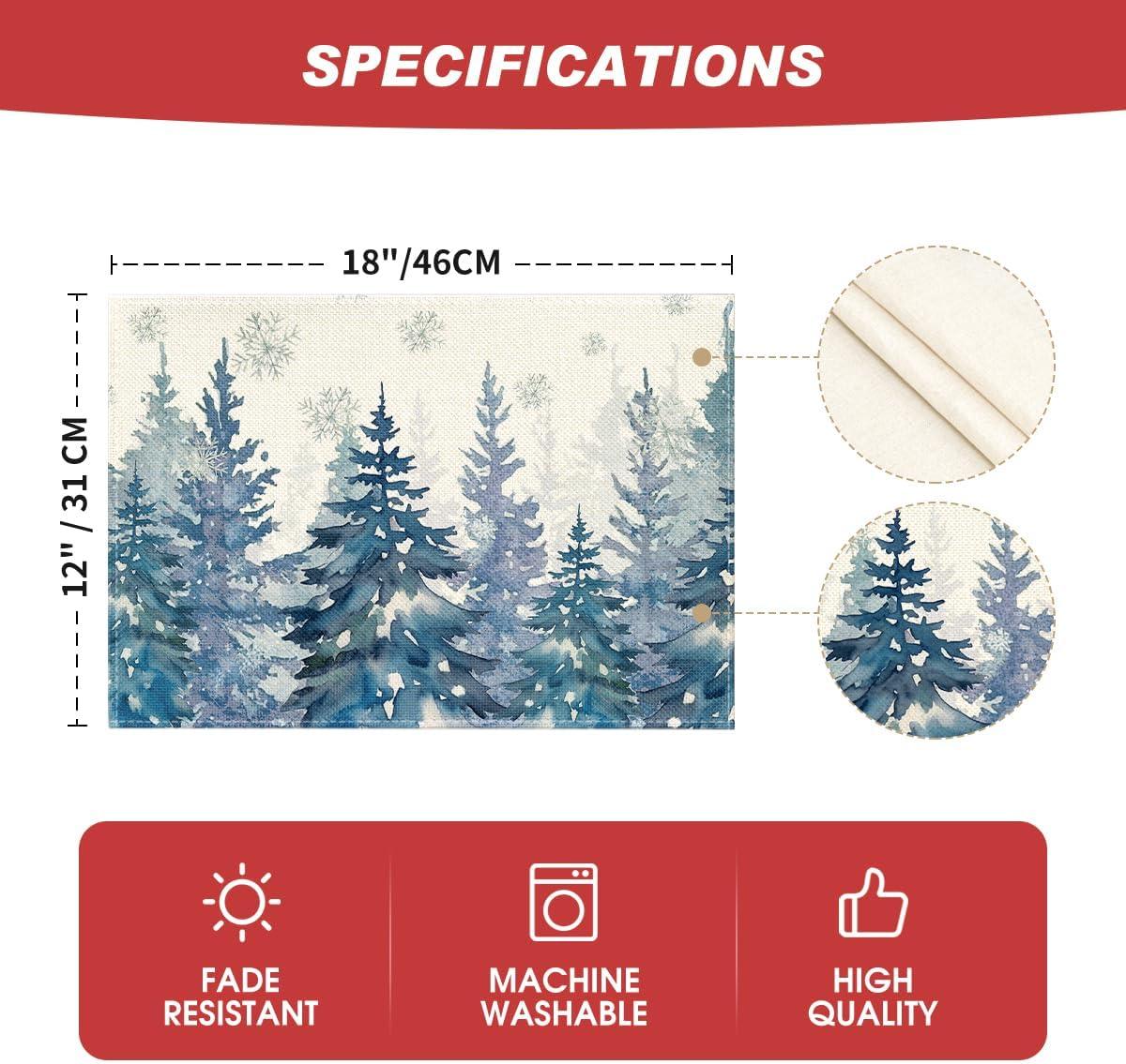 image:imageArtoid Mode Pine Trees Green Winter Placemats Set of 4 12x18 Inch Seasonal Holiday Christmas Place Mats for Party Dining TableBlue