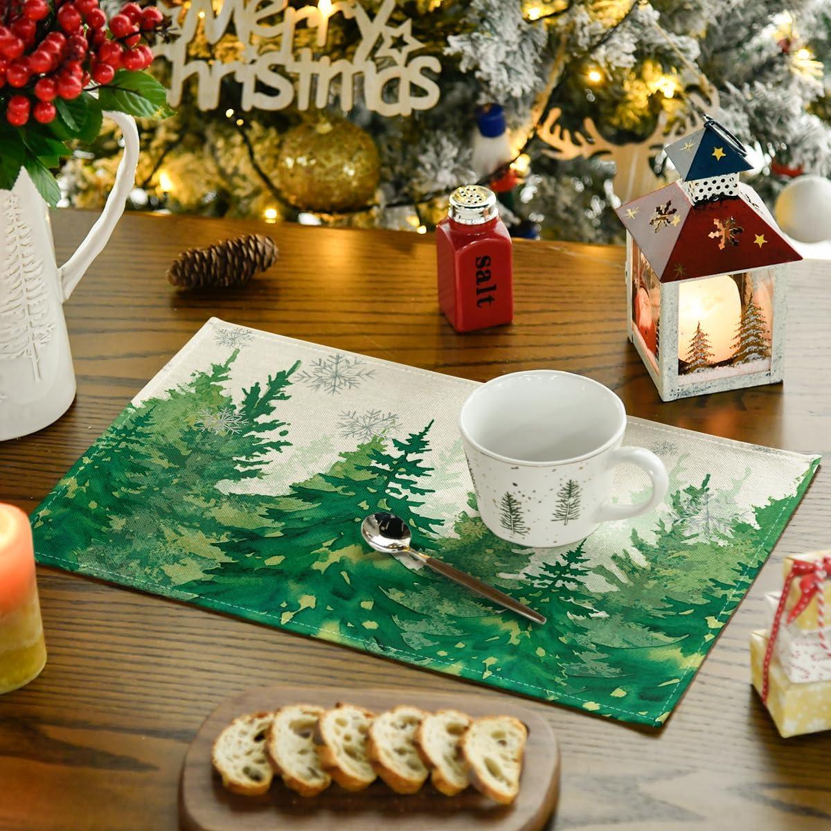 image:imageArtoid Mode Pine Trees Green Winter Placemats Set of 4 12x18 Inch Seasonal Holiday Christmas Place Mats for Party Dining TableGreen