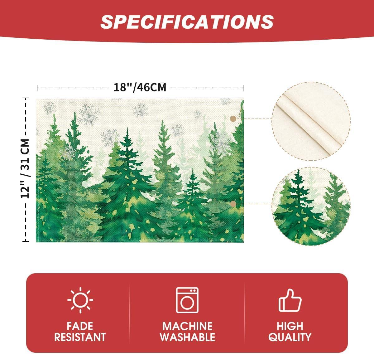 image:imageArtoid Mode Pine Trees Green Winter Placemats Set of 4 12x18 Inch Seasonal Holiday Christmas Place Mats for Party Dining TableGreen