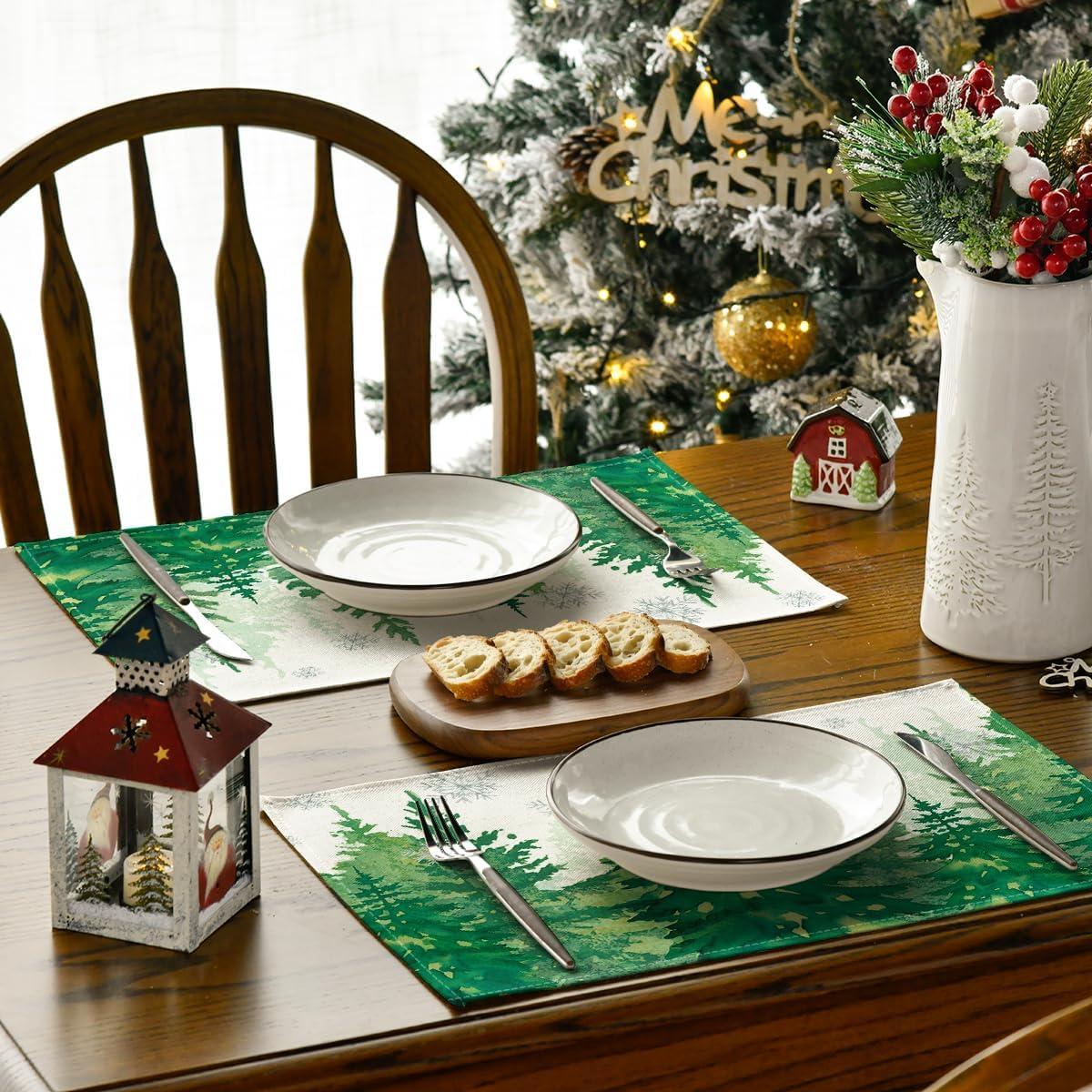 image:imageArtoid Mode Pine Trees Green Winter Placemats Set of 4 12x18 Inch Seasonal Holiday Christmas Place Mats for Party Dining TableGreen
