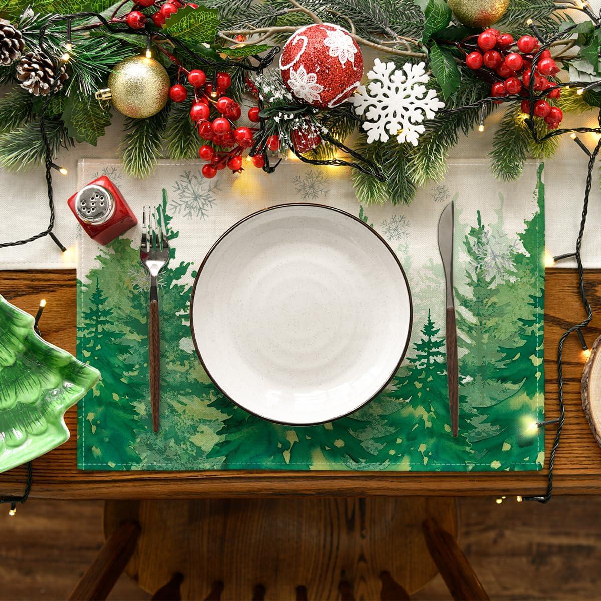 image:imageArtoid Mode Pine Trees Green Winter Placemats Set of 4 12x18 Inch Seasonal Holiday Christmas Place Mats for Party Dining TableGreen