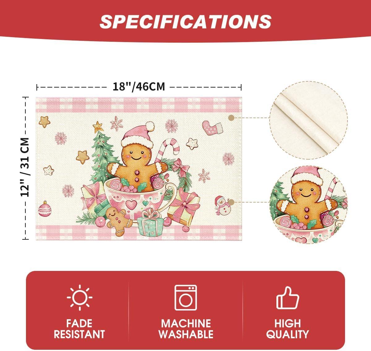 image:imageArtoid Mode Pink Gingerbread Gifts Merry Christmas Placemats Set of 4 12x18 Inch Seasonal Winter Holiday Table Mats for Party Kitchen Dining Decoration