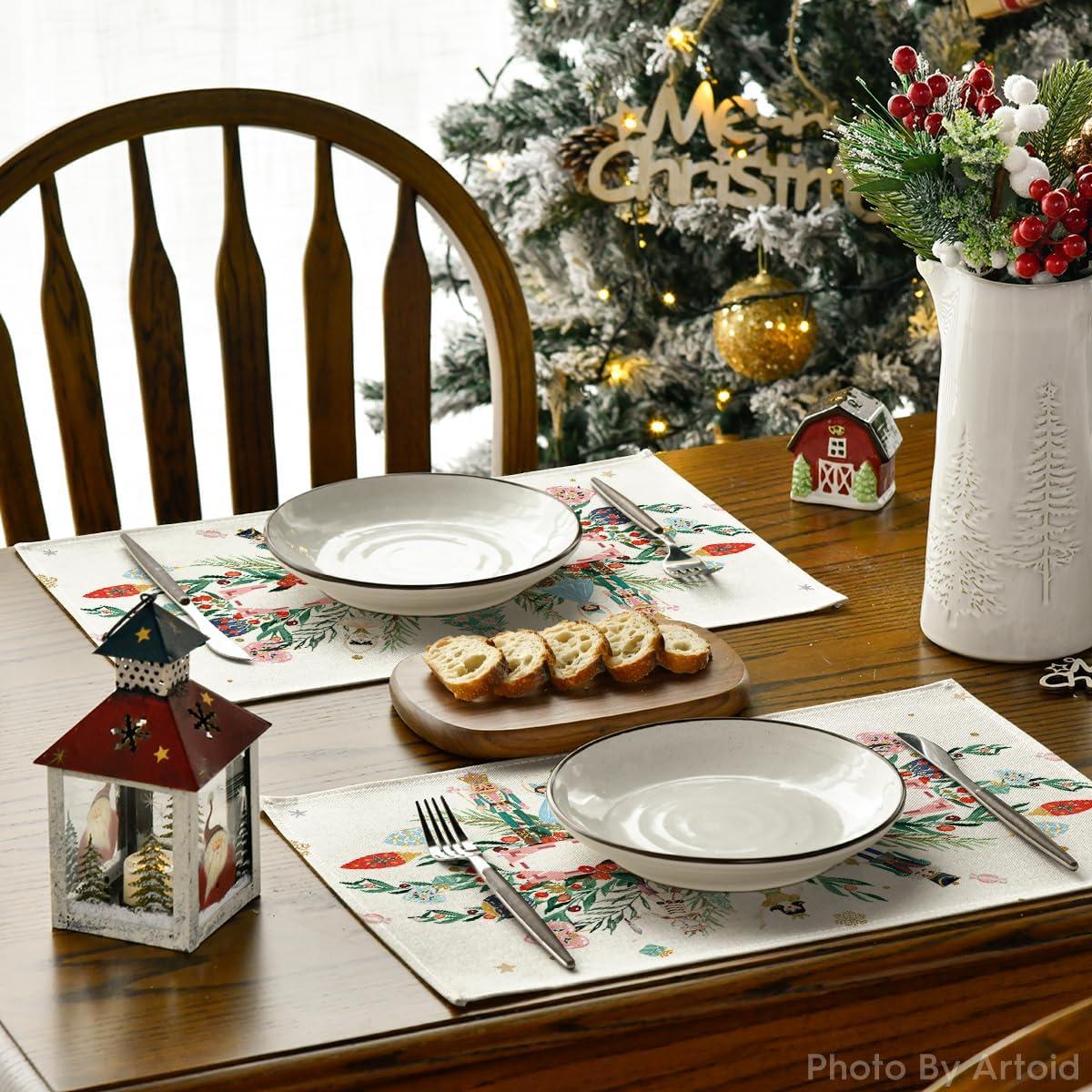 image:imageArtoid Mode Red Nutcracker Floral Holly Christmas Placemats Set of 4 12x18 Inch Seasonal Winter Table Mats for Party Kitchen Dining DecorationBeigePink
