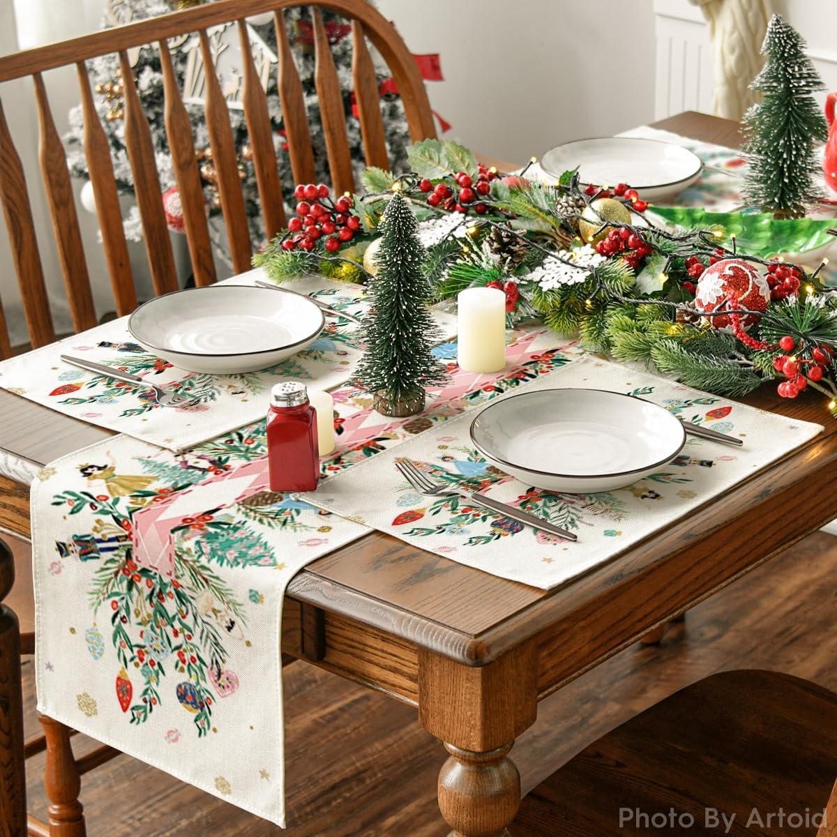 image:imageArtoid Mode Red Nutcracker Floral Holly Christmas Placemats Set of 4 12x18 Inch Seasonal Winter Table Mats for Party Kitchen Dining DecorationBeigePink