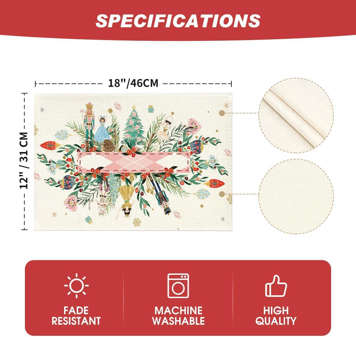 image:imageArtoid Mode Red Nutcracker Floral Holly Christmas Placemats Set of 4 12x18 Inch Seasonal Winter Table Mats for Party Kitchen Dining DecorationBeigePink