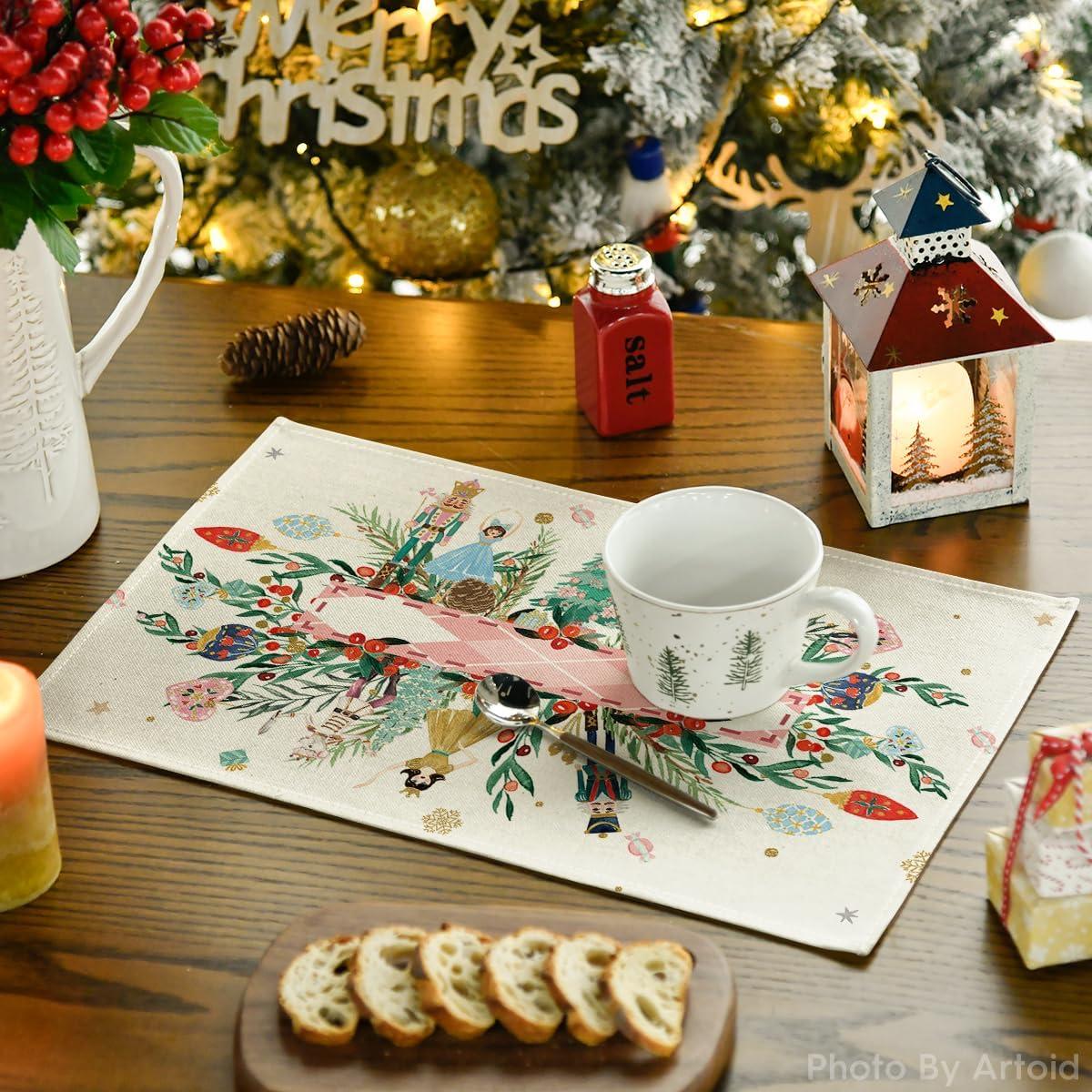 image:imageArtoid Mode Red Nutcracker Floral Holly Christmas Placemats Set of 4 12x18 Inch Seasonal Winter Table Mats for Party Kitchen Dining DecorationBeigePink